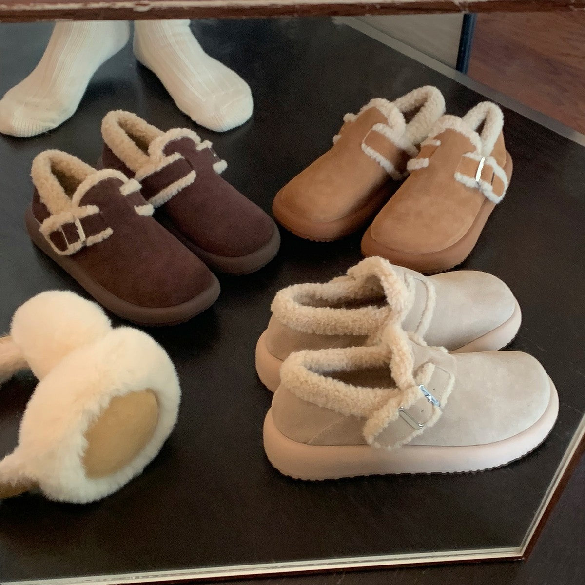 Damen Hausschuhe Flauschig Warm Schnalle Modern
