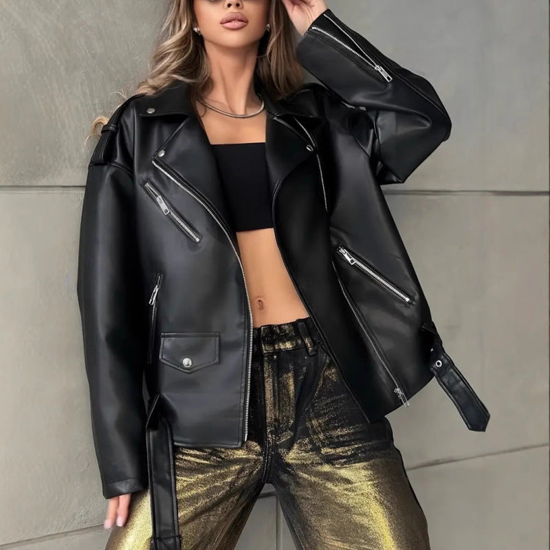 Leder Bikerjacke Damen Nieten Schwarz Lederoptik - BerlinGlamour