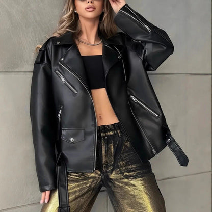 Leder Bikerjacke Damen Nieten Schwarz Lederoptik - BerlinGlamour