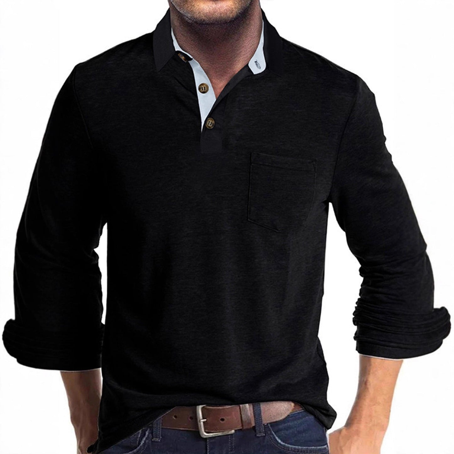 Herren Langarm Polo mit Kragen Design und Brusttasche Modern