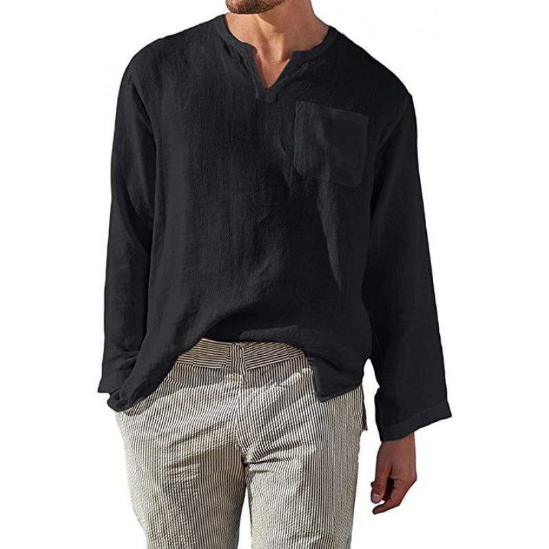 Herren Leinenhemd Langarm V-Ausschnitt Elegant