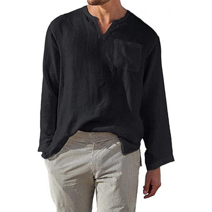 Herren Leinenhemd Langarm V-Ausschnitt Elegant