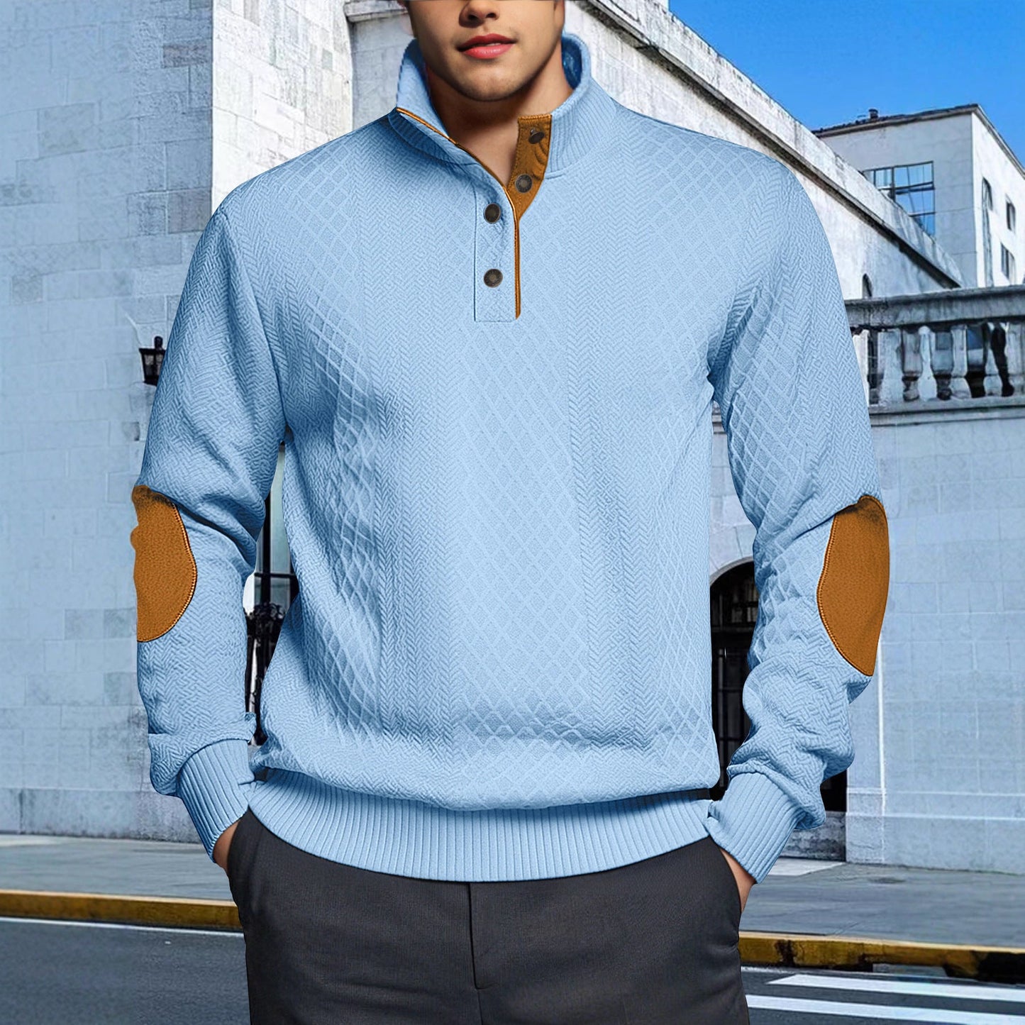 Herren Strickpullover Strukturiert Leder Patches Modern