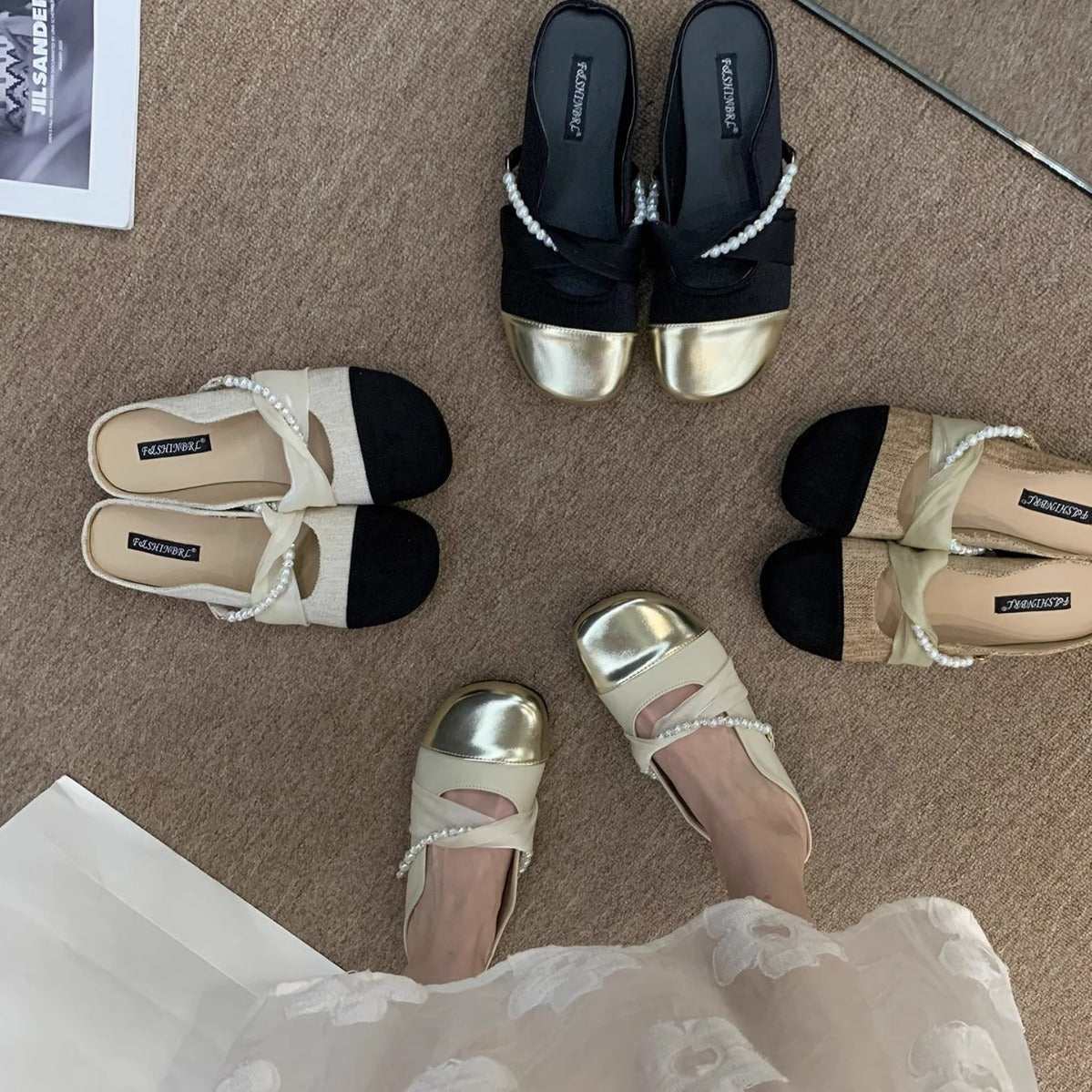 Damen Ballerina Schuhe Elegante Perlen Pantoletten