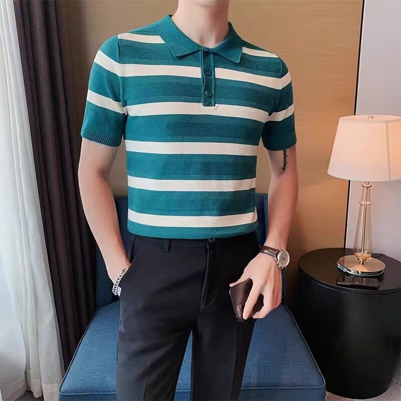 Herren Poloshirt Kurzarm Streifenmuster Modern Sportlich - BerlinGlamour