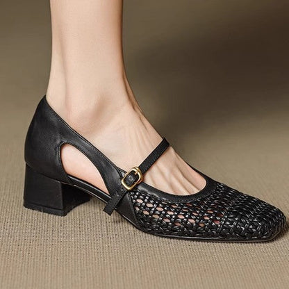 Damen Pumps Elegante Mary Jane Schuhe mit Geflecht Blockabsatz