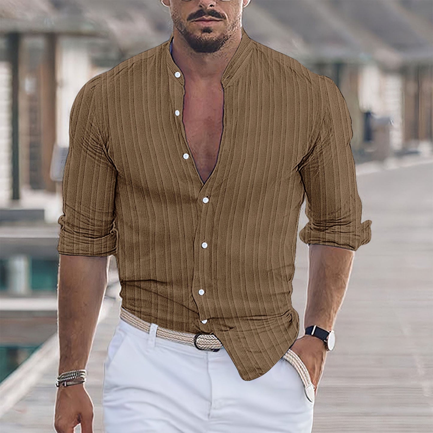 Herren Hemd Modern Stehkragen Strukturiert Trendy
