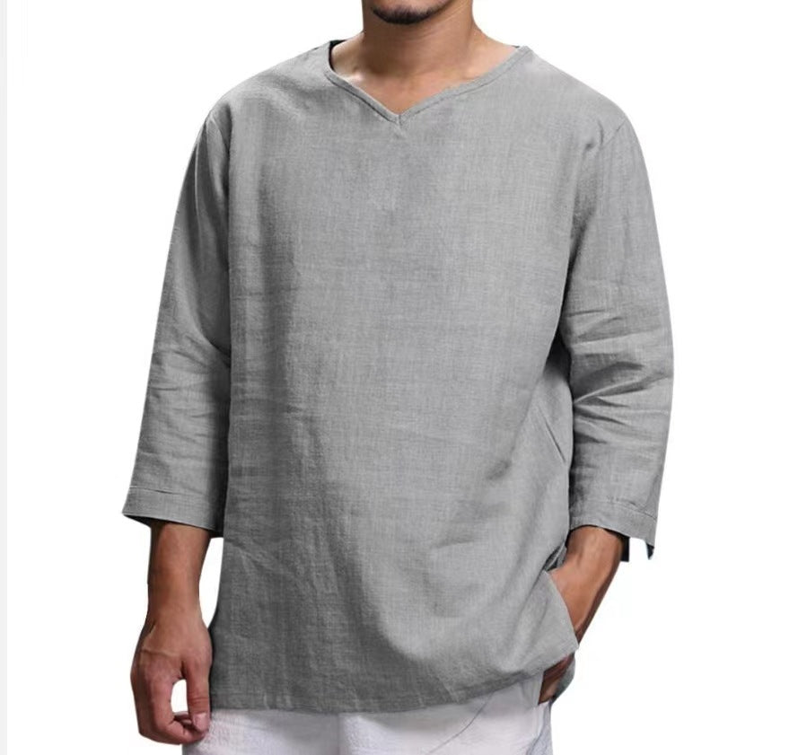 Herren Leinenhemd V-Ausschnitt 3/4 Ärmel mit Taschen