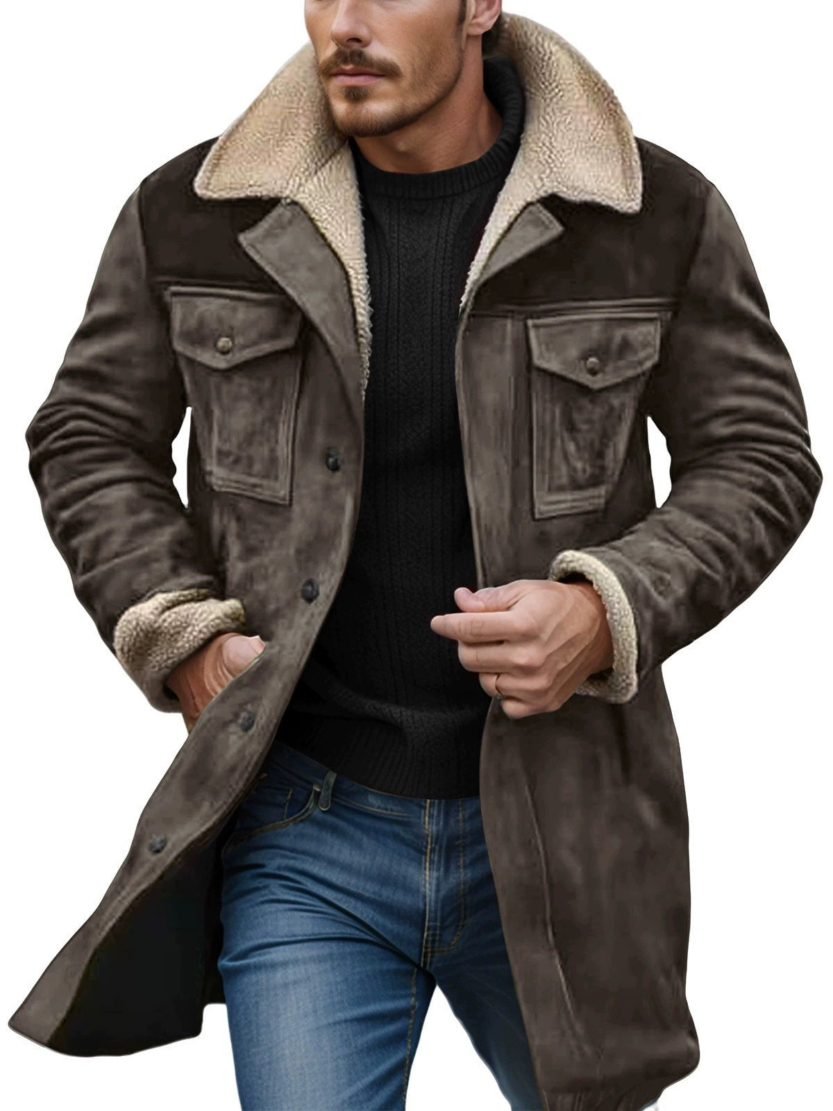 Herren Wintermantel Lang Teddyfutter Warm