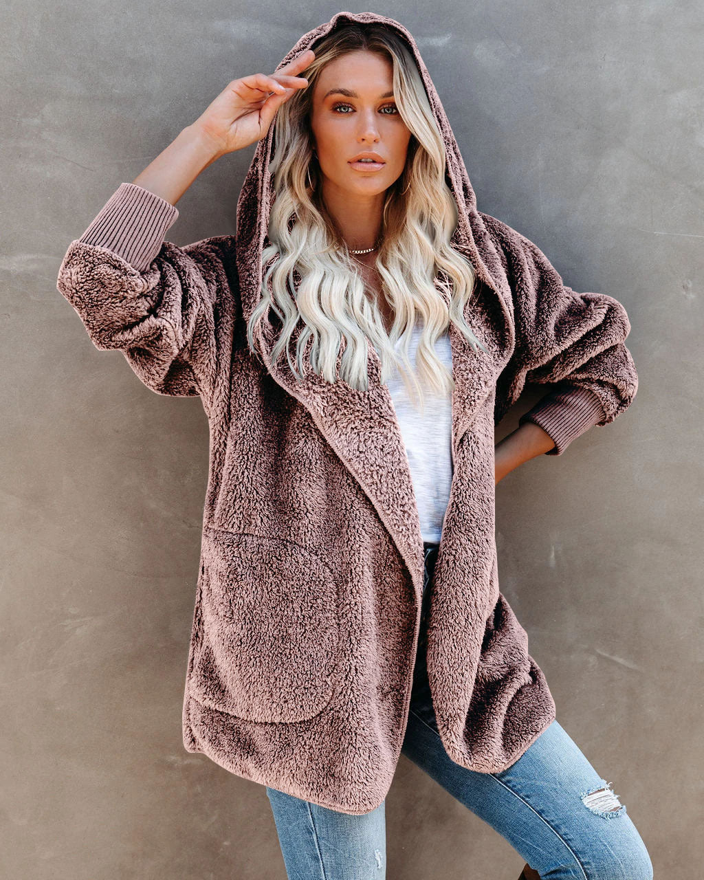 Damen Kapuzenjacke Warm Flauschig mit Taschen