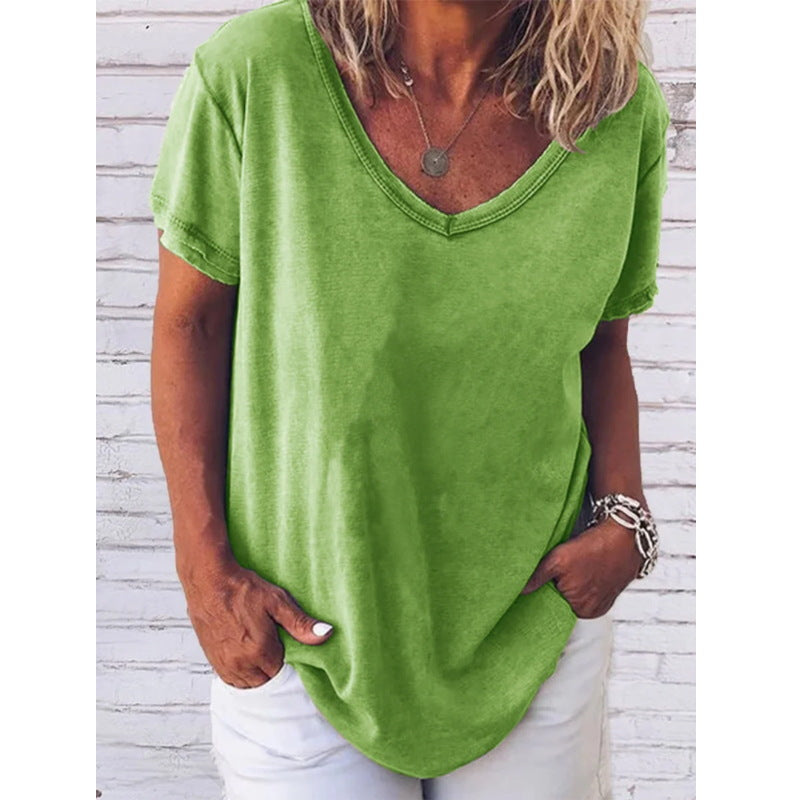Damen T-Shirt Einfarbig V-Ausschnitt Kurzarm Modern