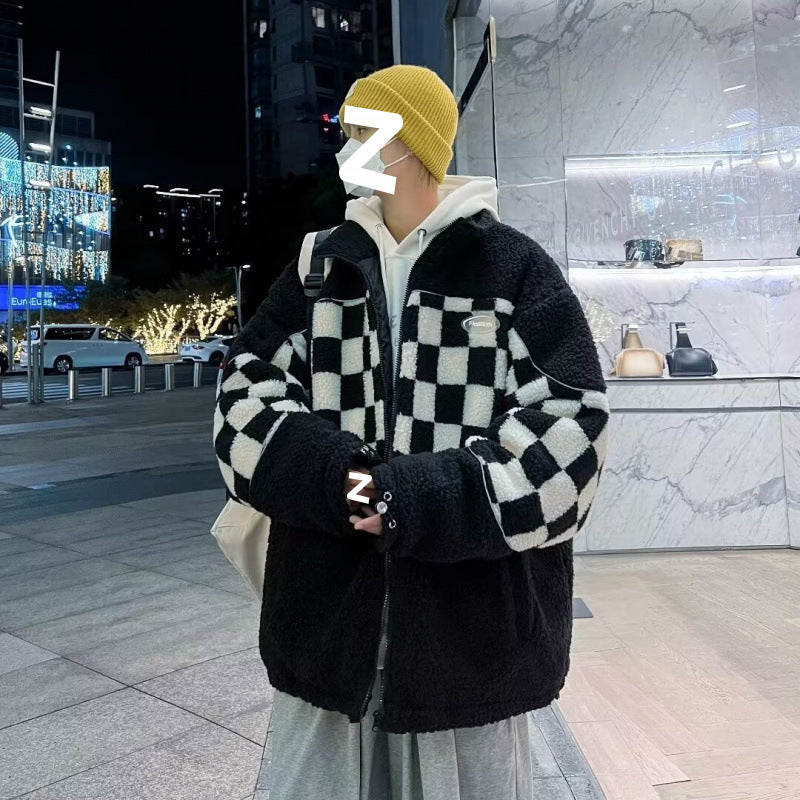 Unisex Fleecejacke Kariert Reißverschluss Taschen Warm