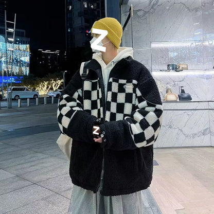 Unisex Fleecejacke Kariert Reißverschluss Taschen Warm