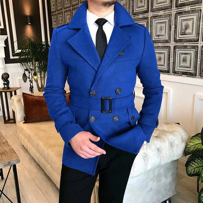 Herren Mantel Elegant Melton mit Gürtel Schwarz Modern