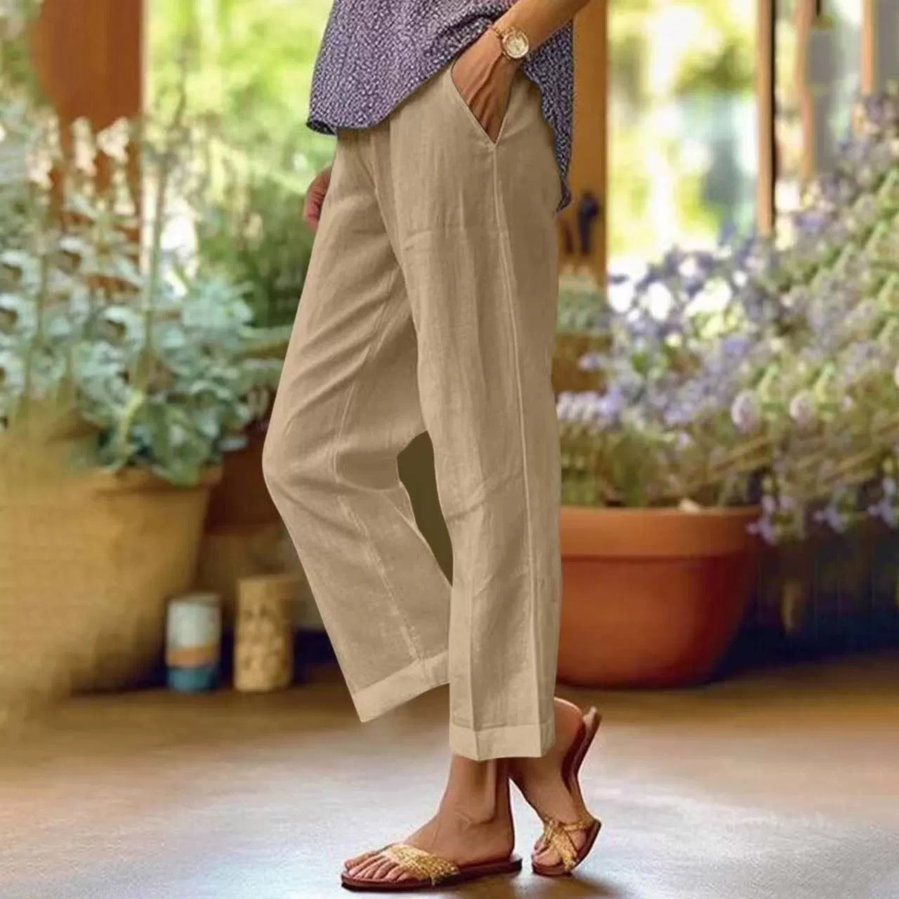 Damen Leinenhose Weit Bequem Mit Taschen