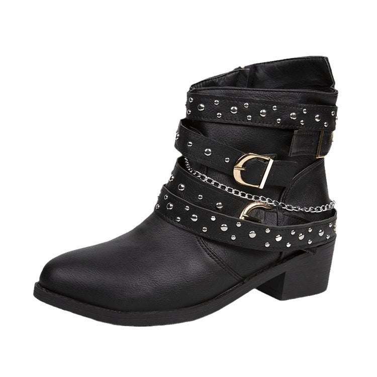Damen Ankle Boots Stiefel Mode Schnalle Schwarz