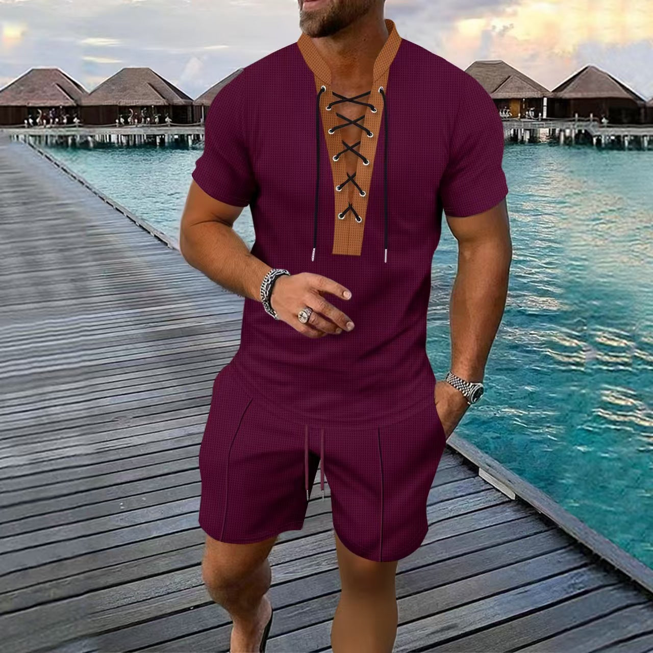Herren Kurzarmhemd Modern Elastisch Schnürverschluss
