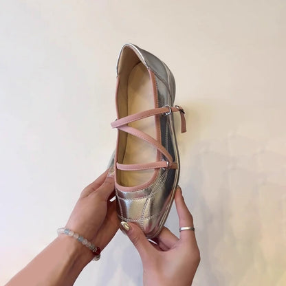Damen Ballerinas Glänzend Moderne Kreuzriemen Schuhe