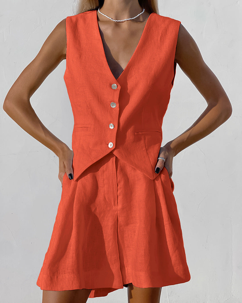 Leinen Weste und Shorts Set Geschäftlich Elegant Sommer