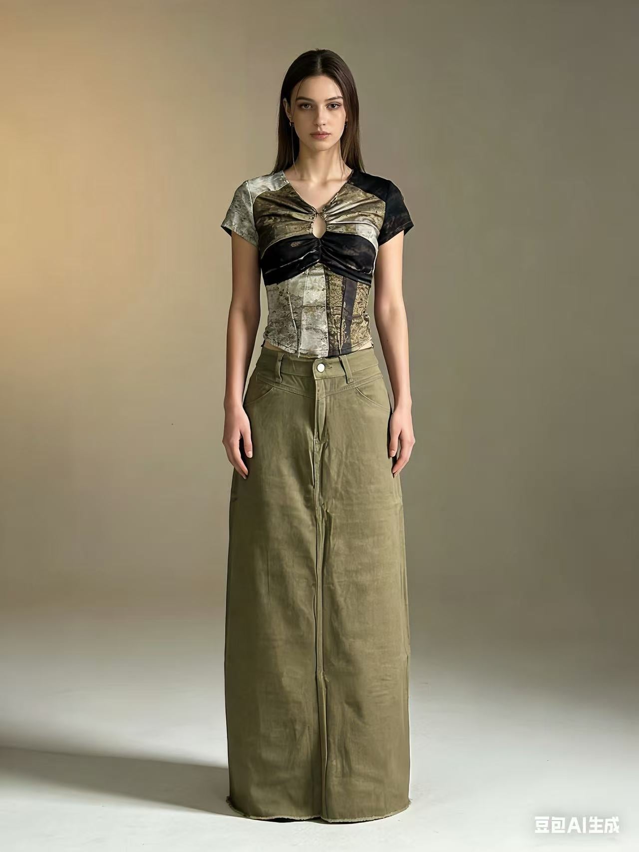Damen Maxi-Rock Jeans Hochwerder mit Fransen