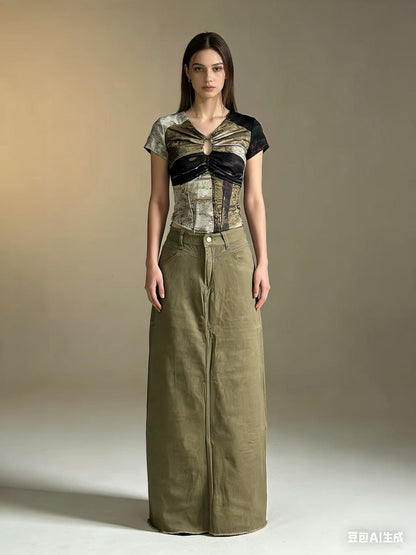 Damen Maxi-Rock Jeans Hochwerder mit Fransen
