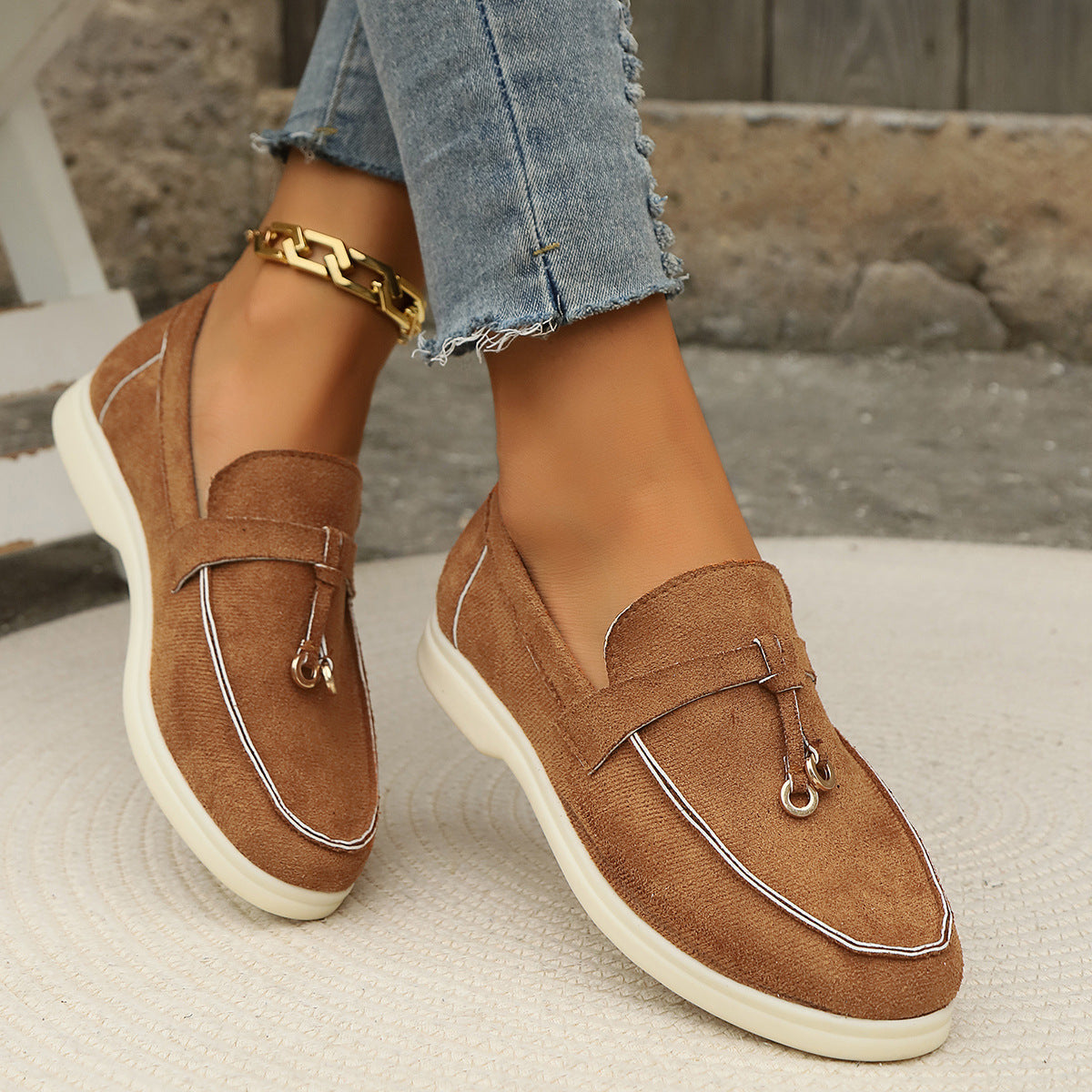 Damen Mokassin Schuhe Modern Gold Dekor