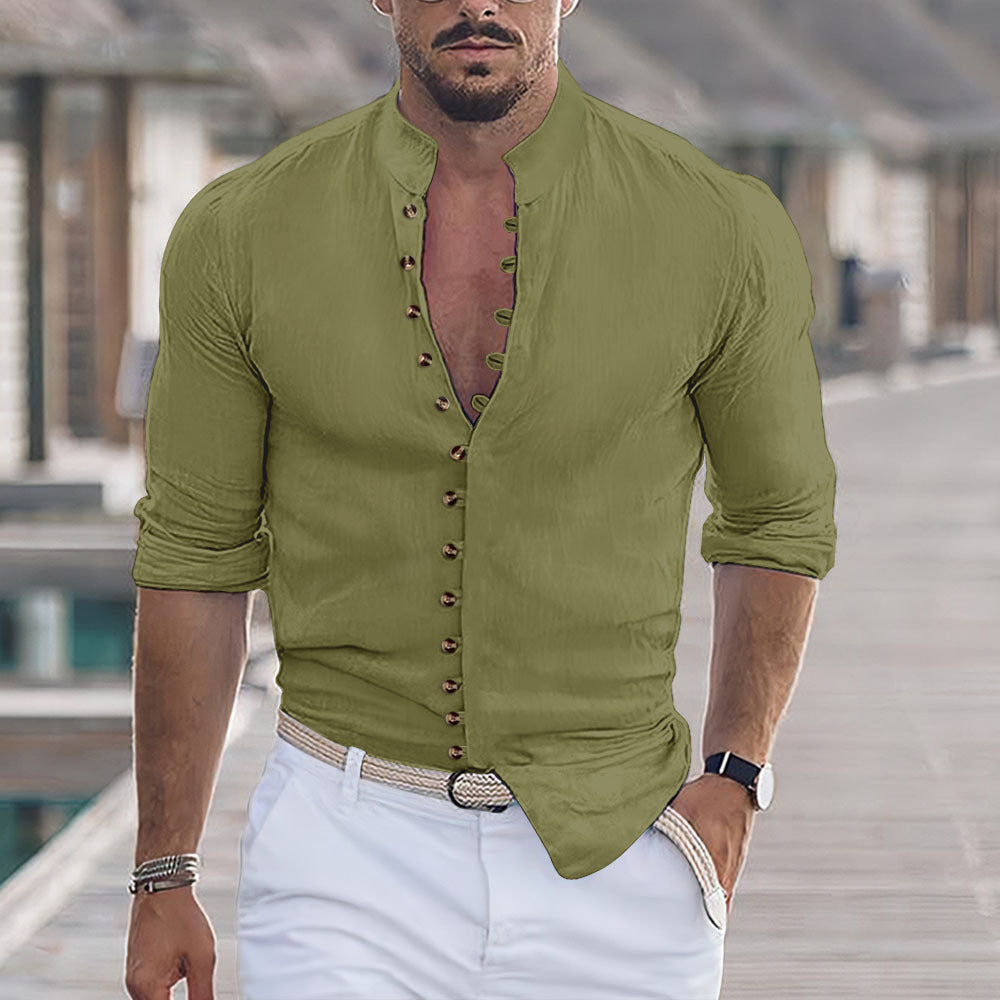 Herren Langarmhemd Modern mit Knopfleiste Stehkragen