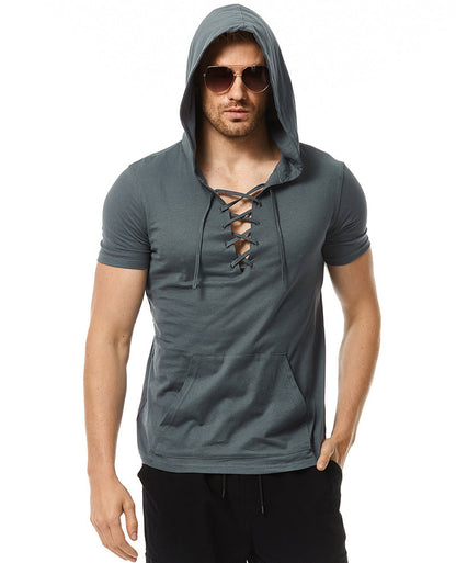 Herren Hoodie T-Shirt mit V-Ausschnitt und Kängurutasche Streetwear Style - BerlinGlamour