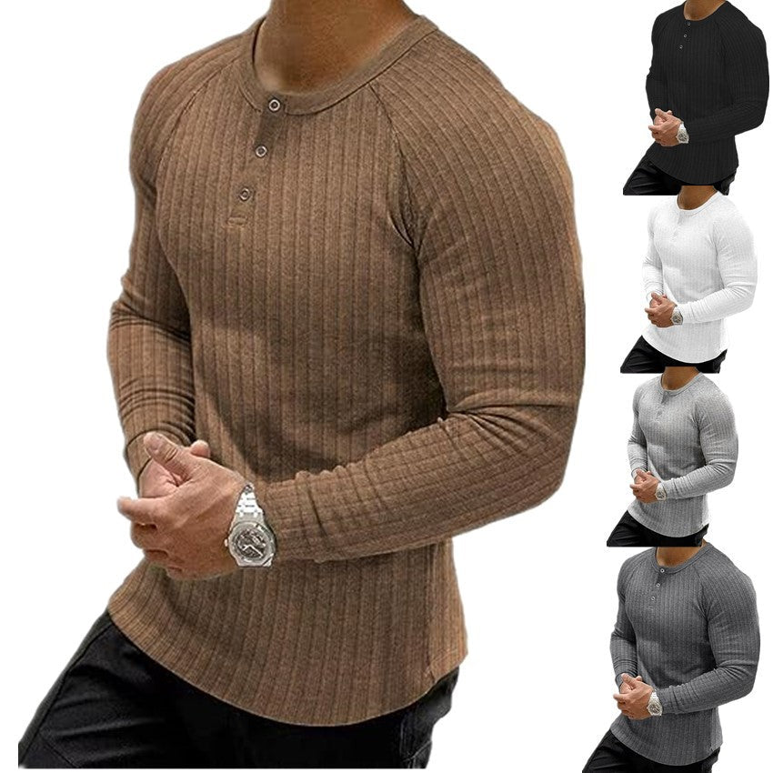 Herren Langarm T-Shirt Ripp Optik Knopfleiste Modern