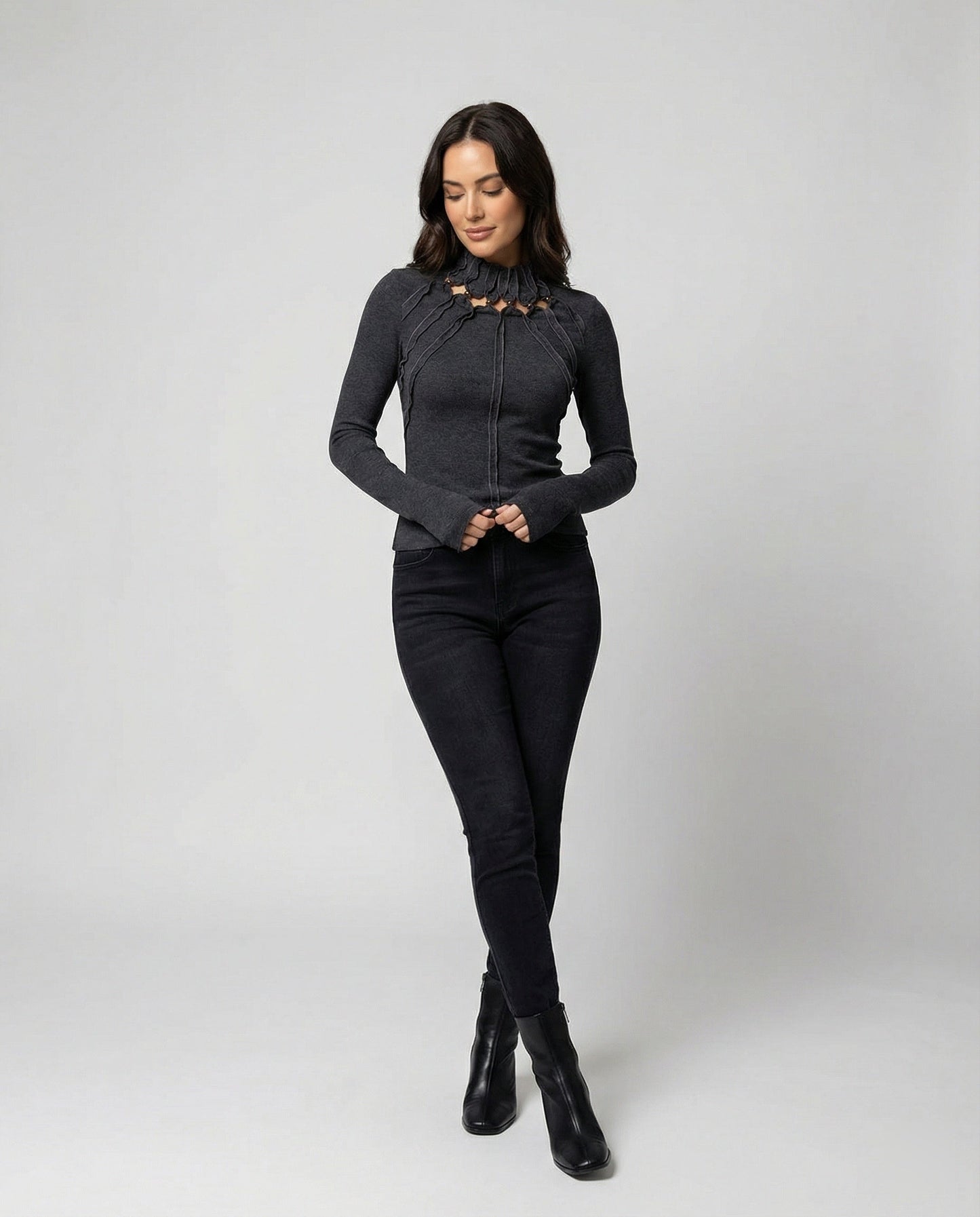Damen Langarmshirt Slim Fit Dunkelgrau Cut-Out Oberteil
