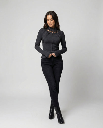 Damen Langarmshirt Slim Fit Dunkelgrau Cut-Out Oberteil