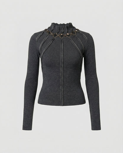 Damen Langarmshirt Slim Fit Dunkelgrau Cut-Out Oberteil