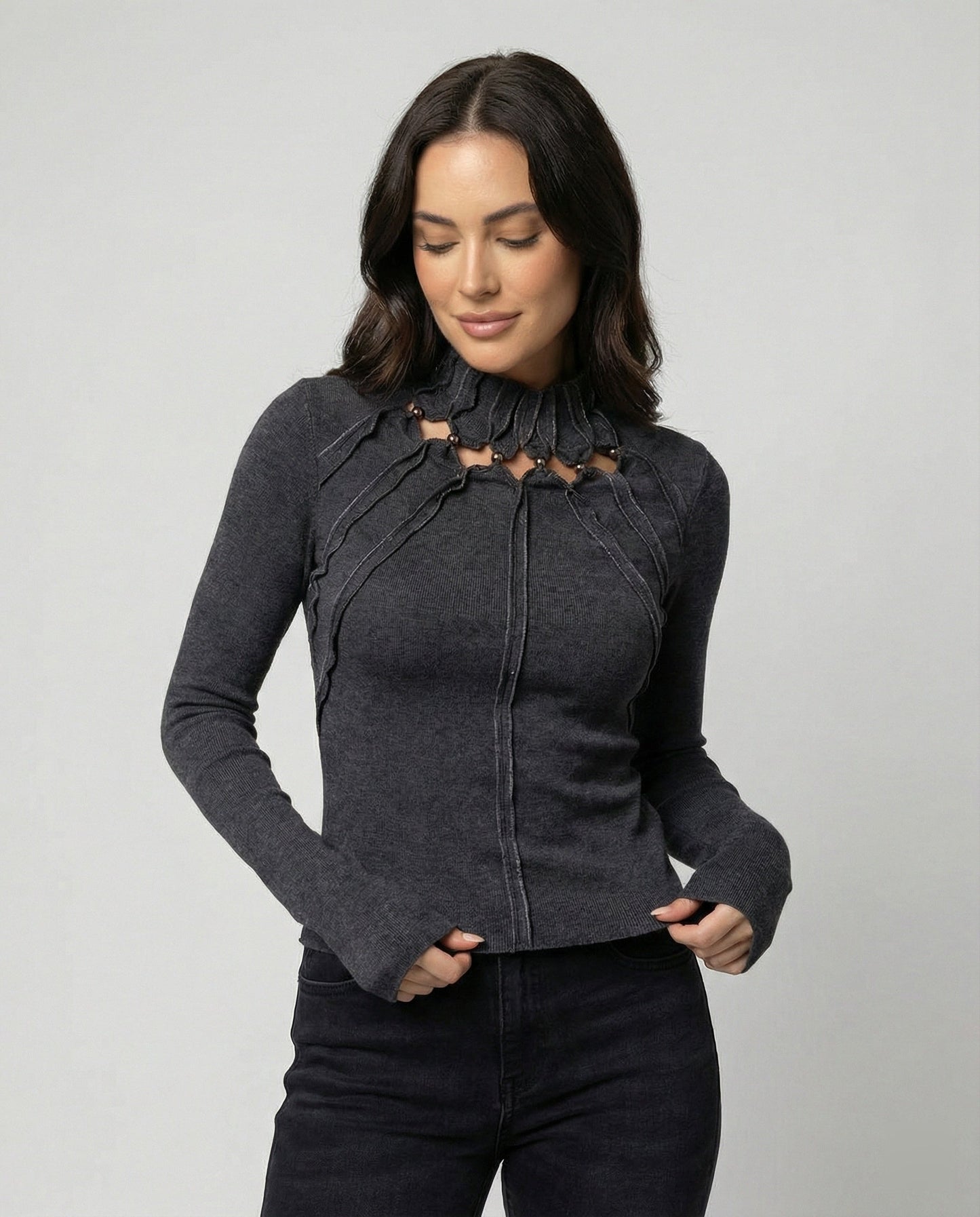 Damen Langarmshirt Slim Fit Dunkelgrau Cut-Out Oberteil - BerlinGlamour
