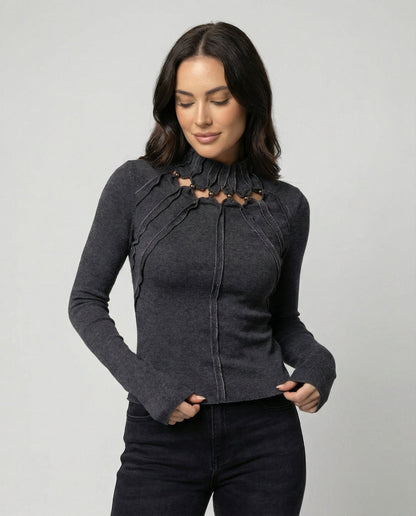 Damen Langarmshirt Slim Fit Dunkelgrau Cut-Out Oberteil - BerlinGlamour