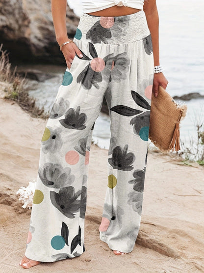 Damen Strandhose Weit Bequem Elastisch Floral