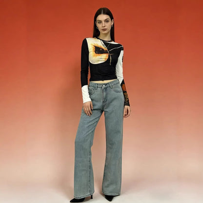 Frauen Jeans Weite Bein Stickerei Blumen
