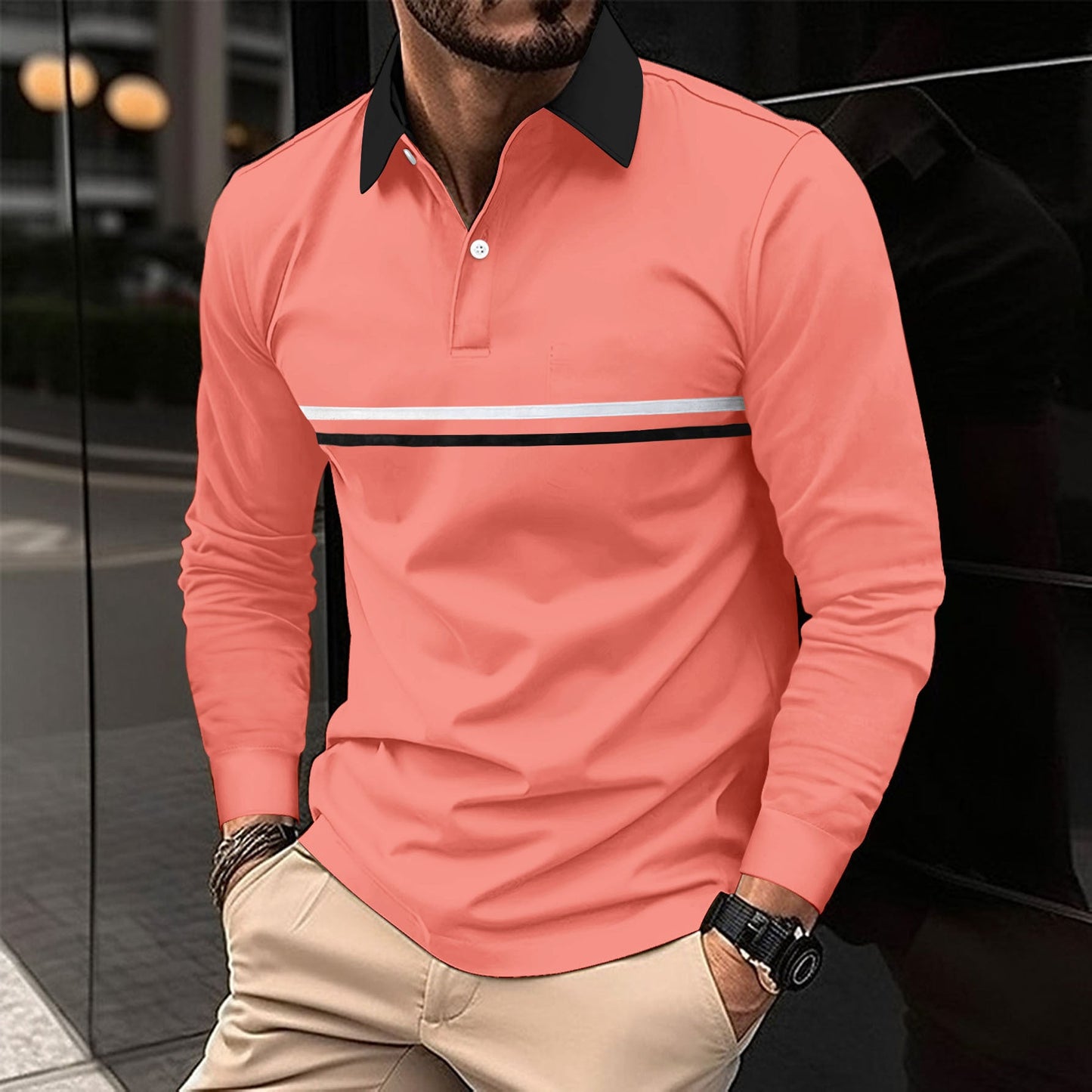 Herren Polohemd Langarm Modern Streifen Design
