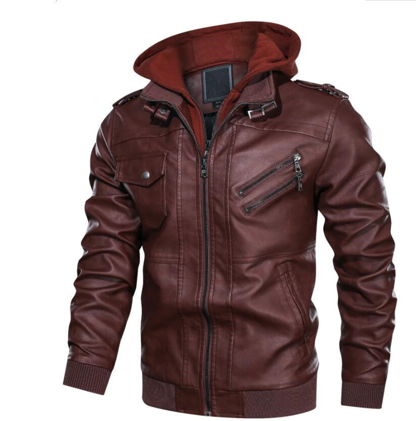 Herren Lederjacke Lässig Mit Hoodie Abnehmbar Schwarz