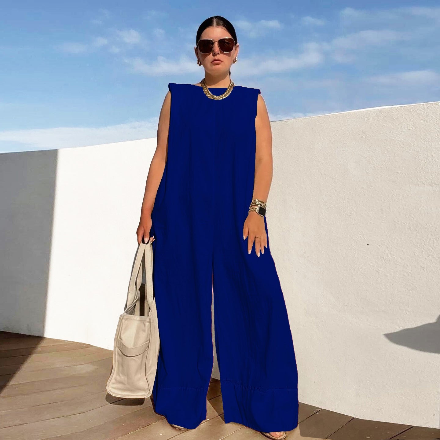 Damen Jumpsuit Weit Kapuze Tiefster Rücken Modern
