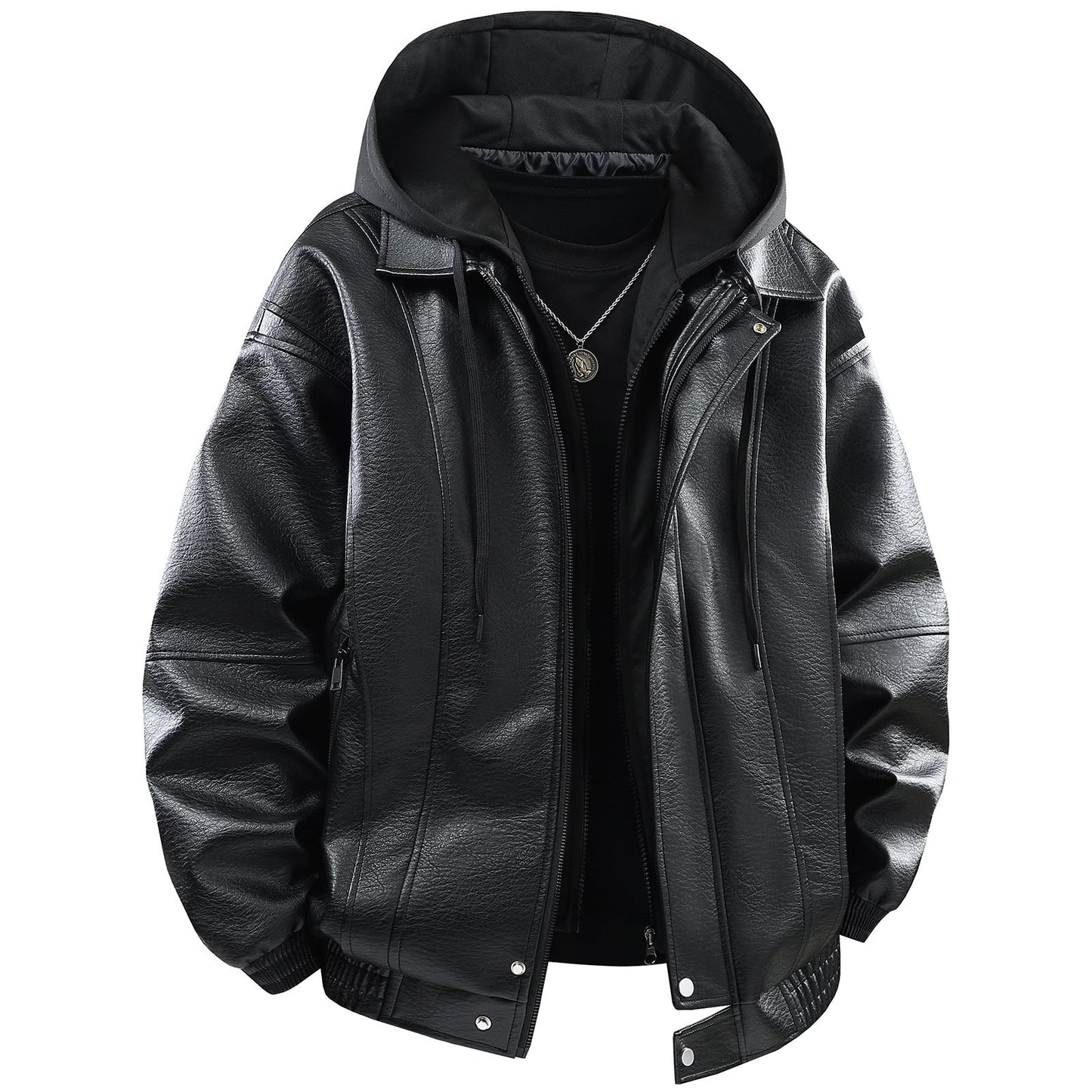 Herren Lederjacke Kunstleder Mit Kapuze Funktions-Taschen - BerlinGlamour