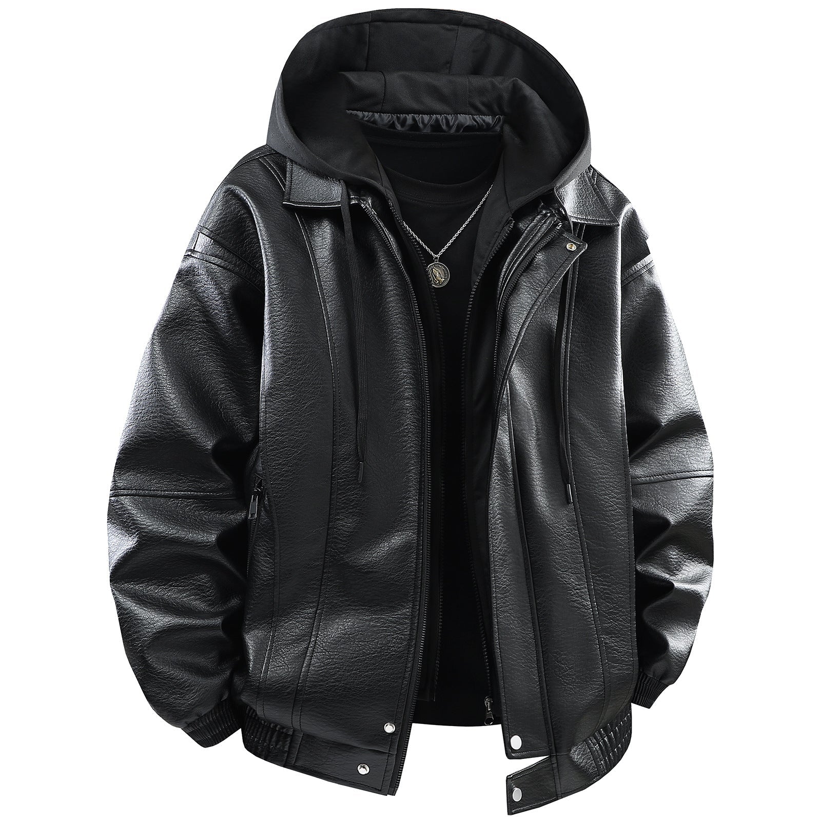 Herren Lederjacke Kunstleder Mit Kapuze Funktions-Taschen - BerlinGlamour
