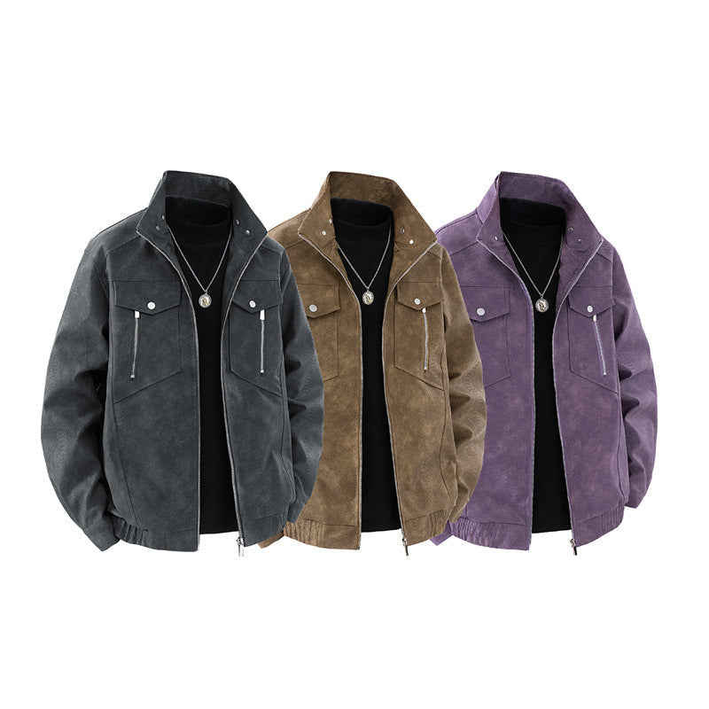 Herren Lederjacke Klassisch Wildleder Schwarz Mit Taschen