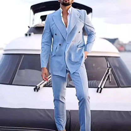 Herren Anzug Doppelreiher Streifenmuster Elegant Schwarz