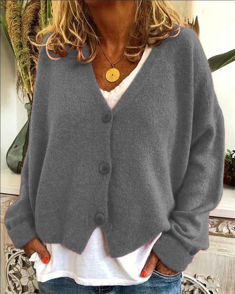 Damen Strickcardigan Lässig V-Ausschnitt Große Knöpfe