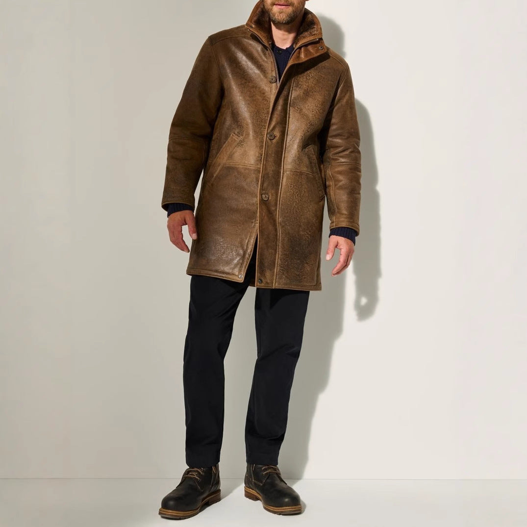 Herren Ledermantel Lang mit Wärmefutter Schwarz Elegant