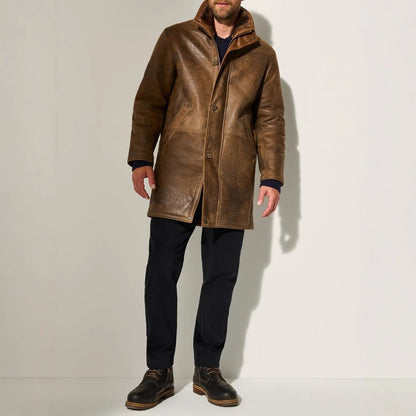 Herren Ledermantel Lang mit Wärmefutter Schwarz Elegant