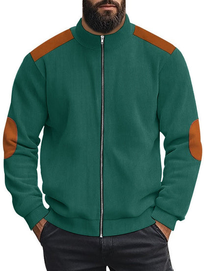 Herren Strickjacke Lederakzente Modern Kragen Hoch
