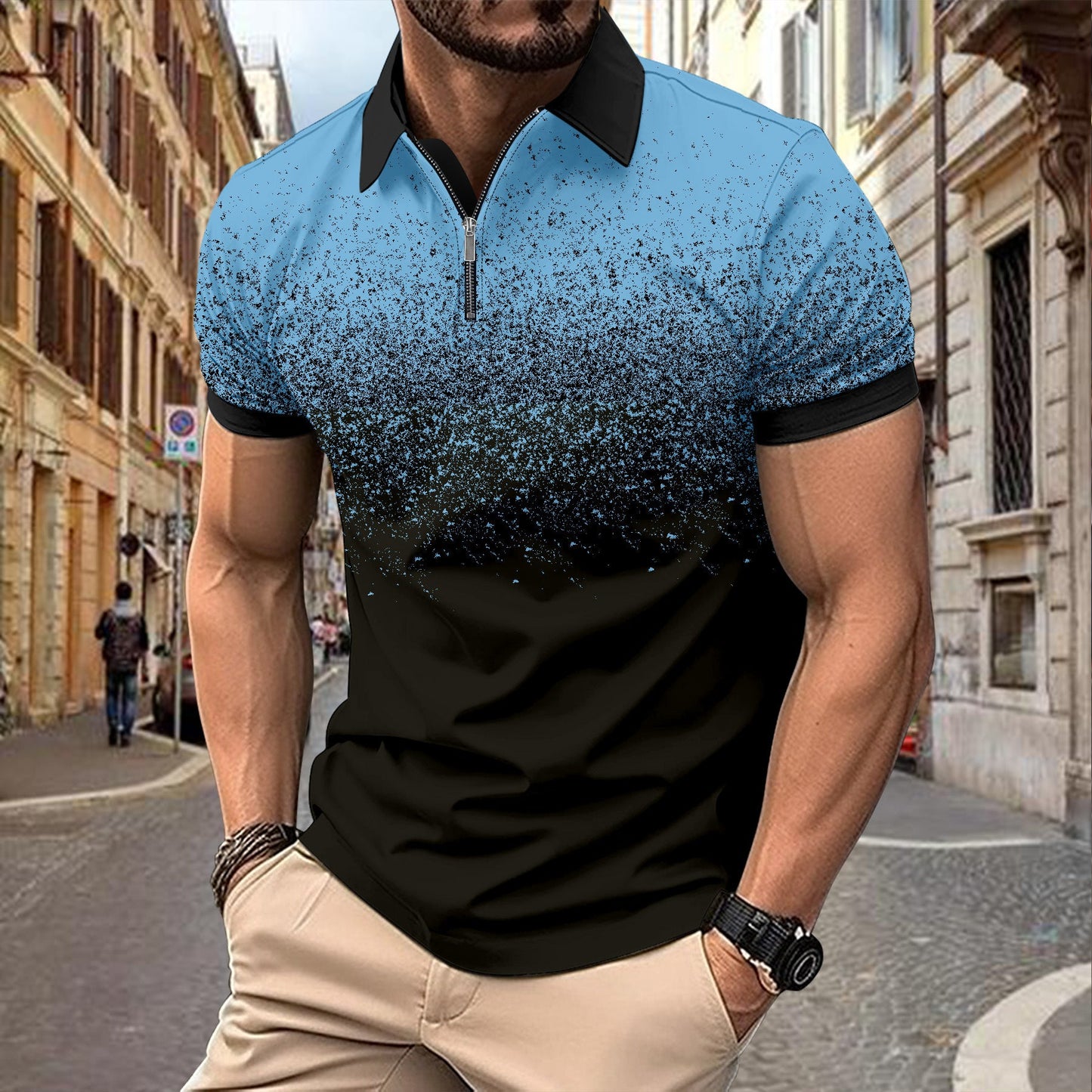 Herren Poloshirt Kurzarm Farbverlauf Modern Halbreißverschluss