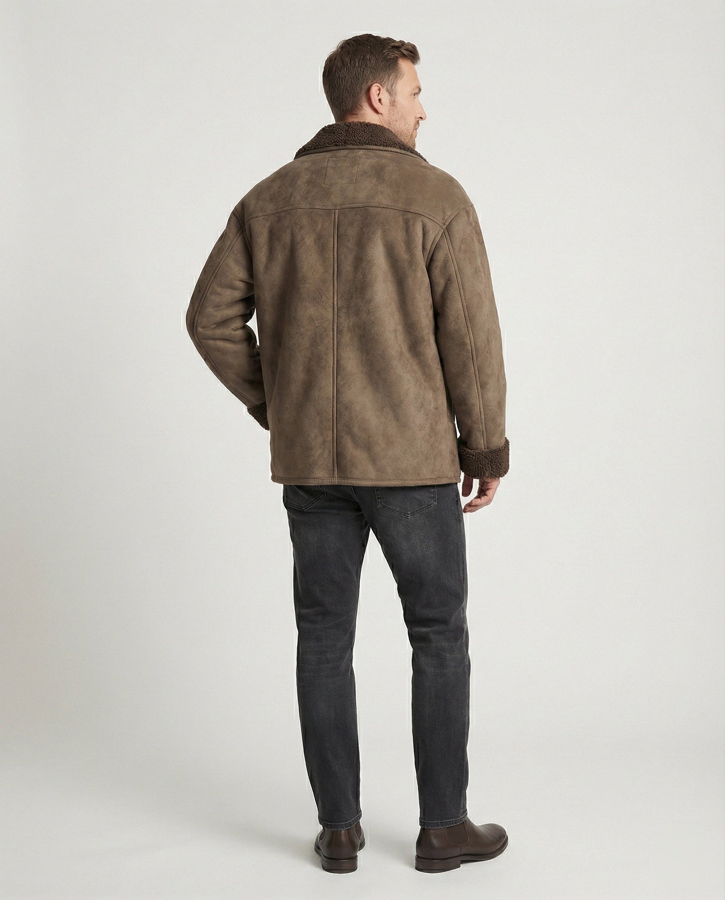Herren Lederjacke Imitat Lammfell verdeckte Knöpfe Kragen Umklappbar