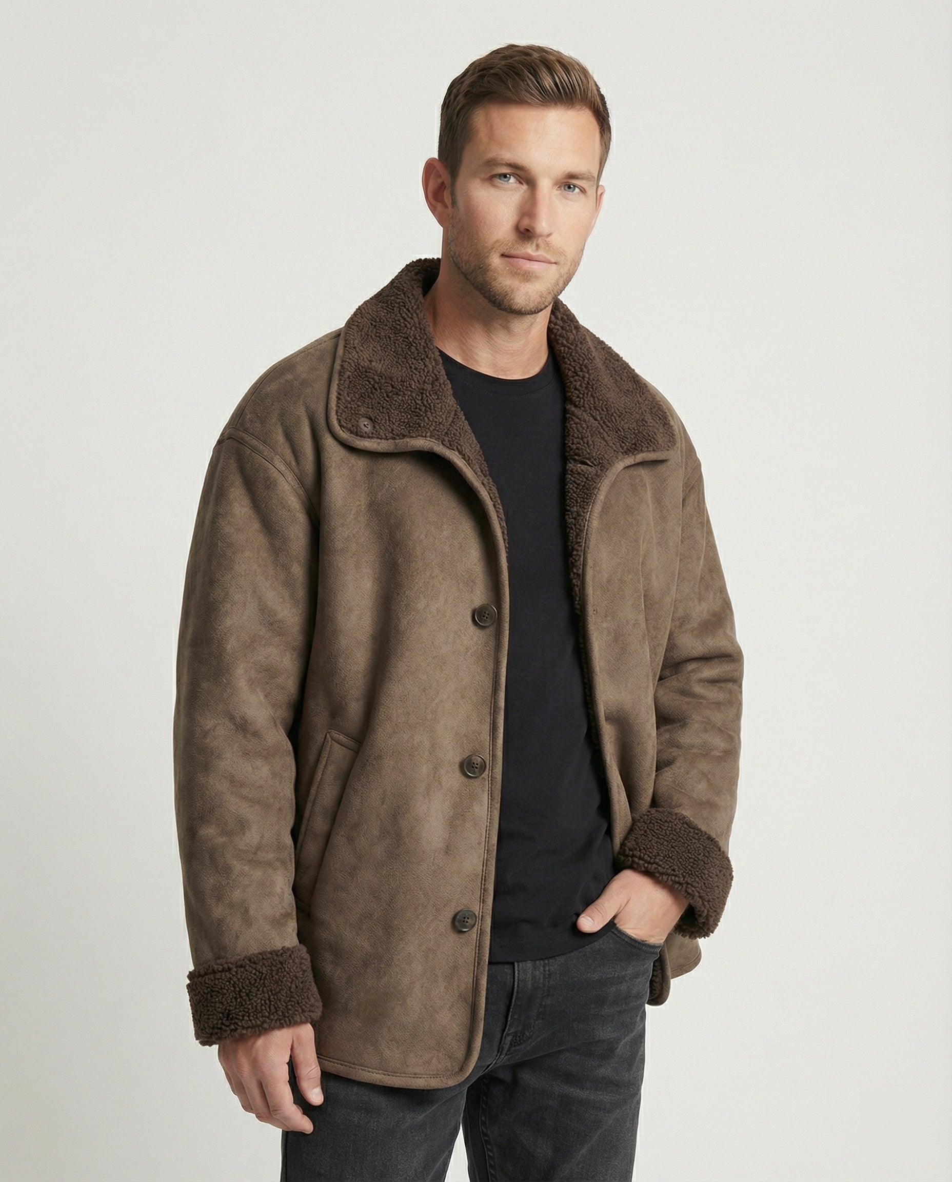 Herren Lederjacke Imitat Lammfell verdeckte Knöpfe Kragen Umklappbar - BerlinGlamour